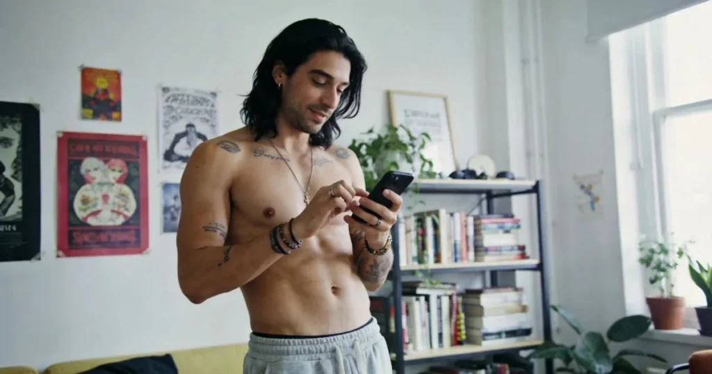 Shirtless man chatting on his phone at home