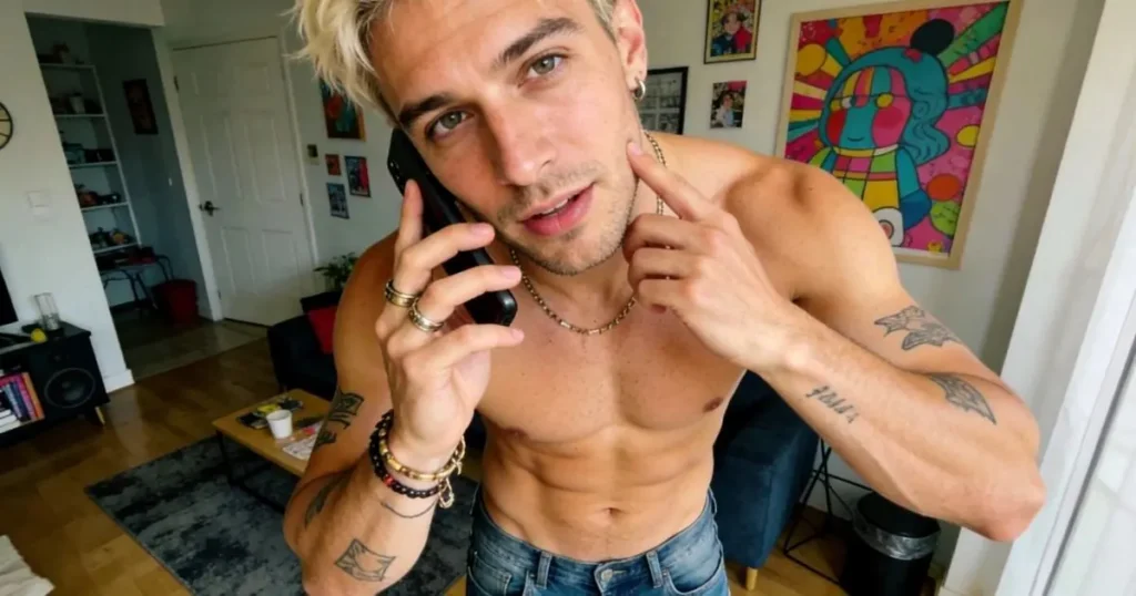Shirtless man chatting on his phone at home