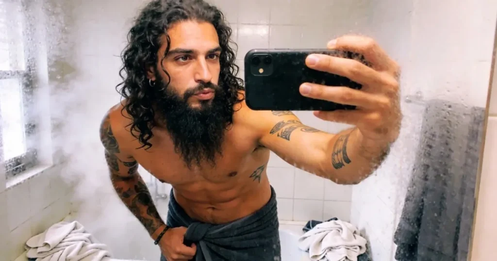 Bearded man taking a mirror selfie with his phone