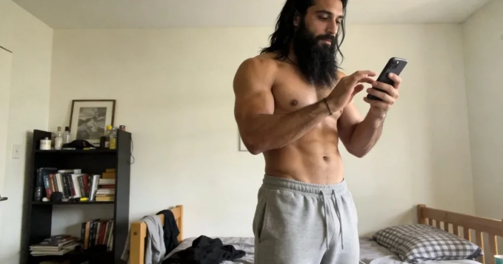 Bearded man using his phone while standing in his bedroom