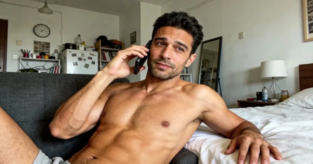 Shirtless man talking on his phone while relaxing at home