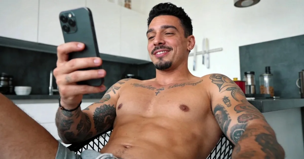 Tattooed man smiling while chatting on his phone