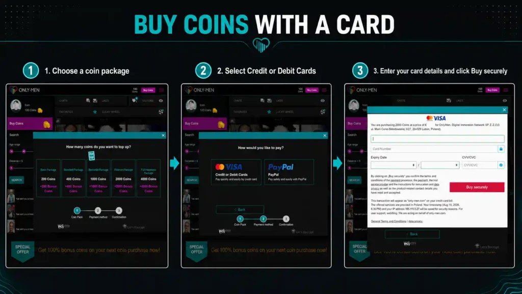 using card to buy coins in Only-Men