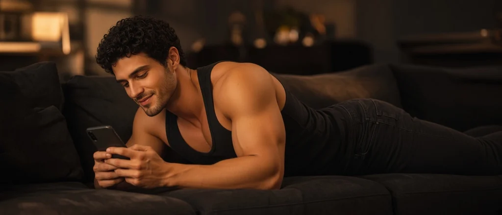 gay on sofa is chatting with phone