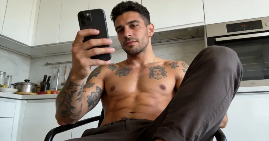Shirtless man using his phone for online gay chat