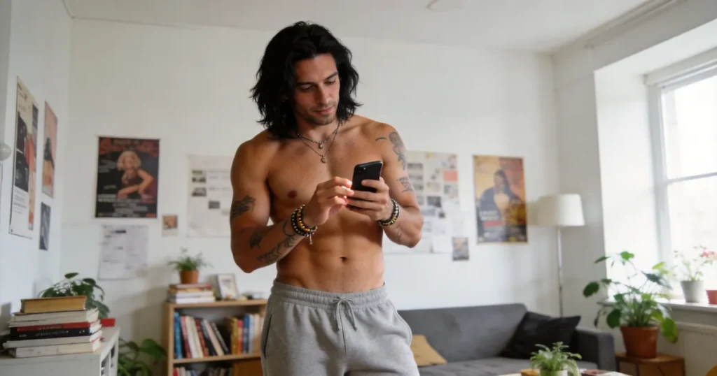 Shirtless man chatting on his phone at home