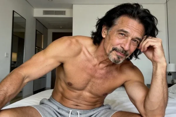 Handsome mature man relaxing shirtless on a bed
