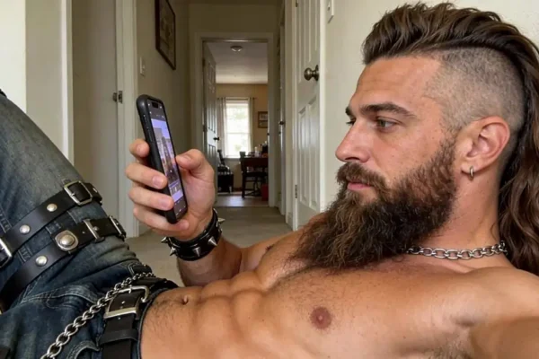 man with long bear and half shaved head in gay BDSM chat