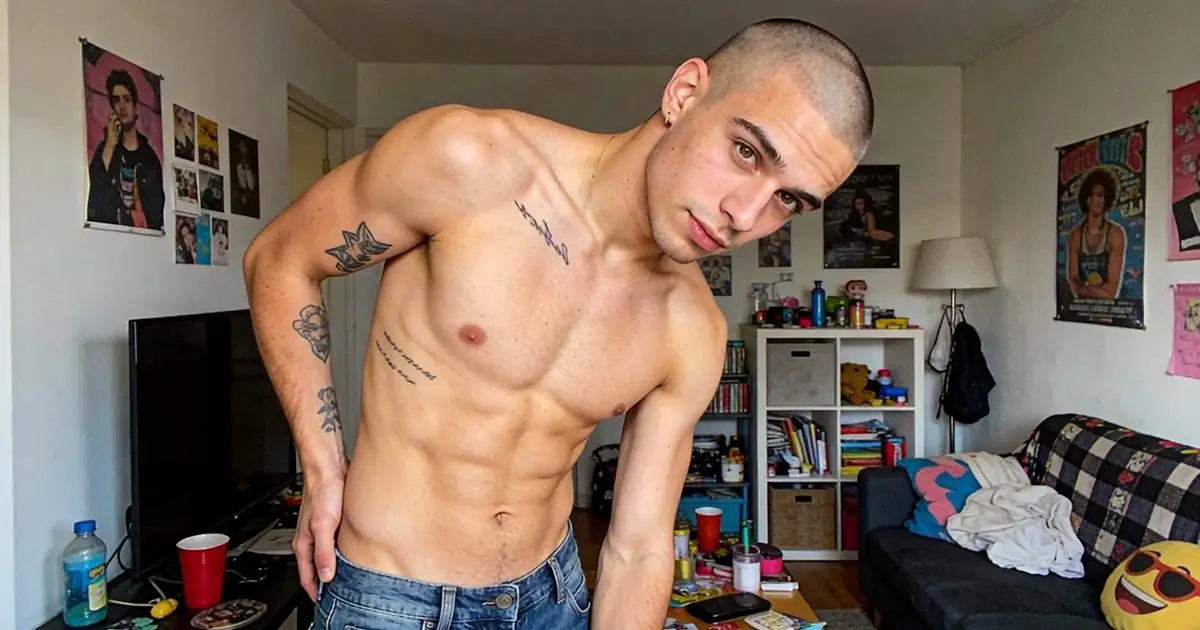 shirtless bold man posing for gay dirty chat