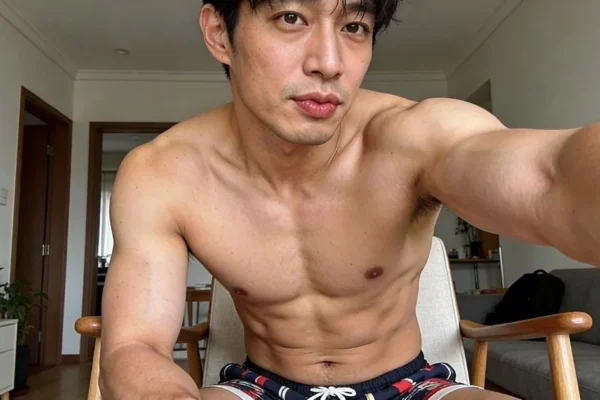 topless hot korean gay man taking a photo to chat